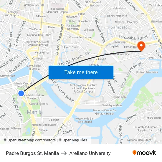 Padre Burgos St, Manila to Arellano University map