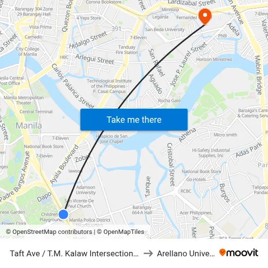 Taft Ave / T.M. Kalaw Intersection, Manila to Arellano University map