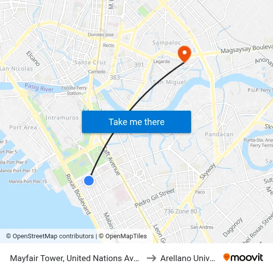 Mayfair Tower, United Nations Ave, Manila to Arellano University map