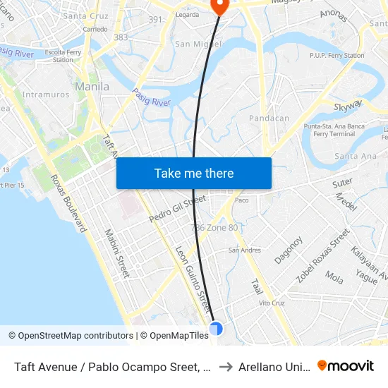 Taft Avenue / Pablo Ocampo Sreet, Avenue, Manila to Arellano University map