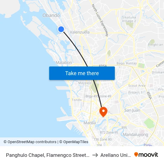 Panghulo Chapel, Flamengco Street, Malabon City to Arellano University map