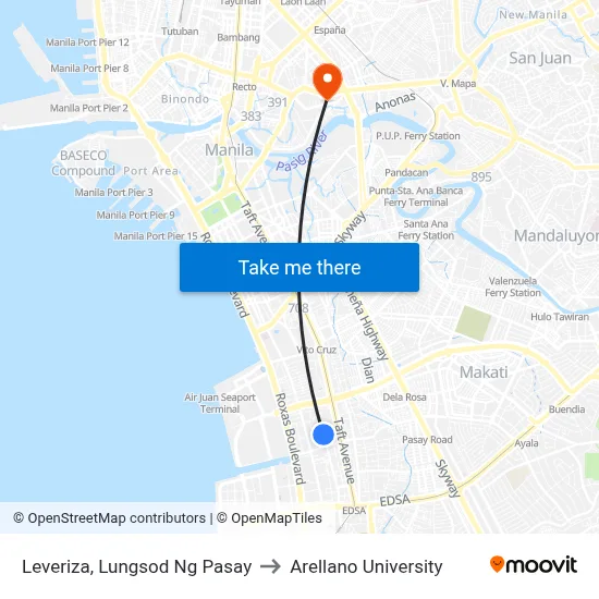 Leveriza, Lungsod Ng Pasay to Arellano University map