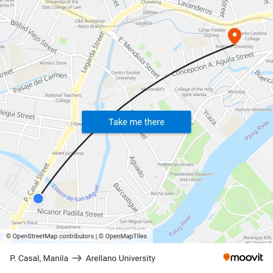 P. Casal, Manila to Arellano University map
