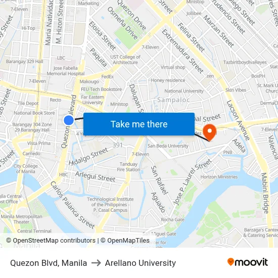 Quezon Blvd, Manila to Arellano University map
