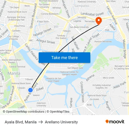 Ayala Blvd, Manila to Arellano University map