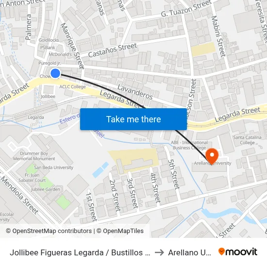 Jollibee Figueras Legarda / Bustillos Intersection, Manila to Arellano University map