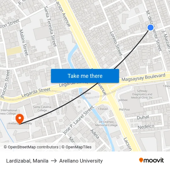 Lardizabal, Manila to Arellano University map