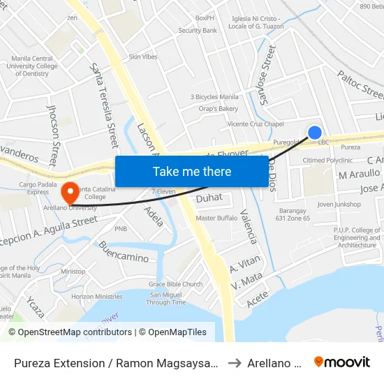 Pureza Extension / Ramon Magsaysay Blvd Intersection, Manila to Arellano University map