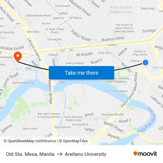 Old Sta. Mesa, Manila to Arellano University map