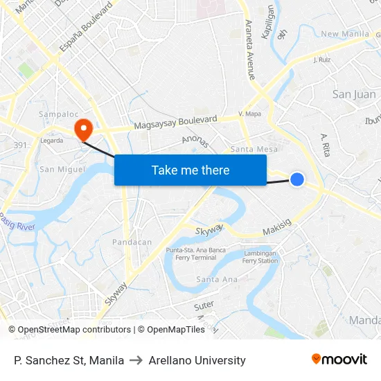 P. Sanchez St, Manila to Arellano University map