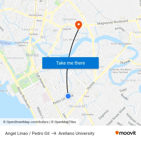 Angel Linao / Pedro Gil to Arellano University map