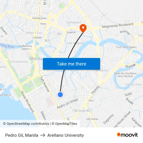 Pedro Gil, Manila to Arellano University map