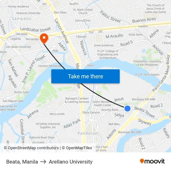 Beata, Manila to Arellano University map