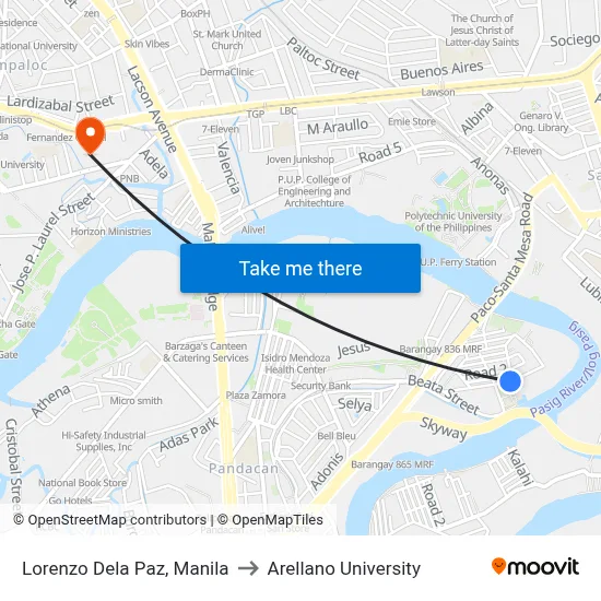 Lorenzo Dela Paz, Manila to Arellano University map