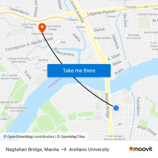 Nagtahan Bridge, Manila to Arellano University map