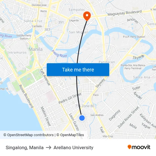 Singalong, Manila to Arellano University map