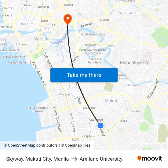 Skyway, Makati City, Manila to Arellano University map