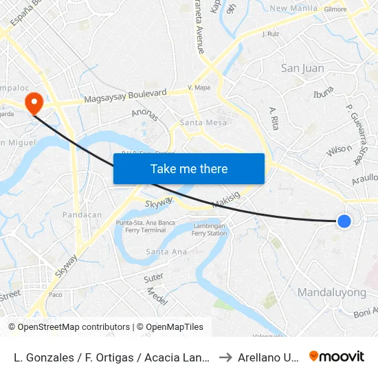 L. Gonzales / F. Ortigas / Acacia Lane, Mandaluyong City to Arellano University map