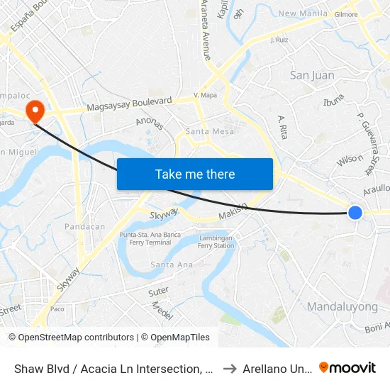 Shaw Blvd / Acacia Ln Intersection, Mandaluyong City to Arellano University map