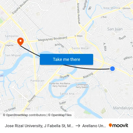 Jose Rizal University, J Fabella St, Mandaluyong City to Arellano University map