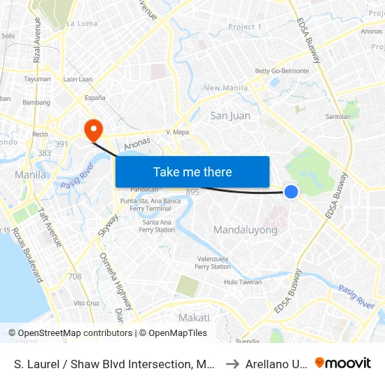S. Laurel / Shaw Blvd Intersection, Mandaluyong City, Manila to Arellano University map