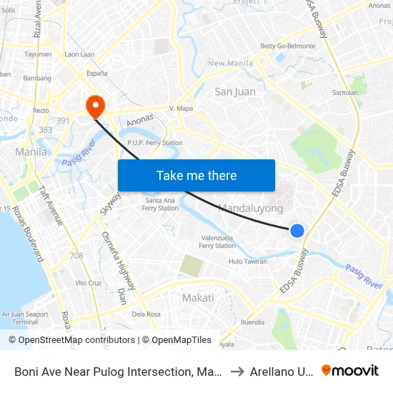 Boni Ave Near Pulog Intersection, Mandaluyong City, Manila to Arellano University map
