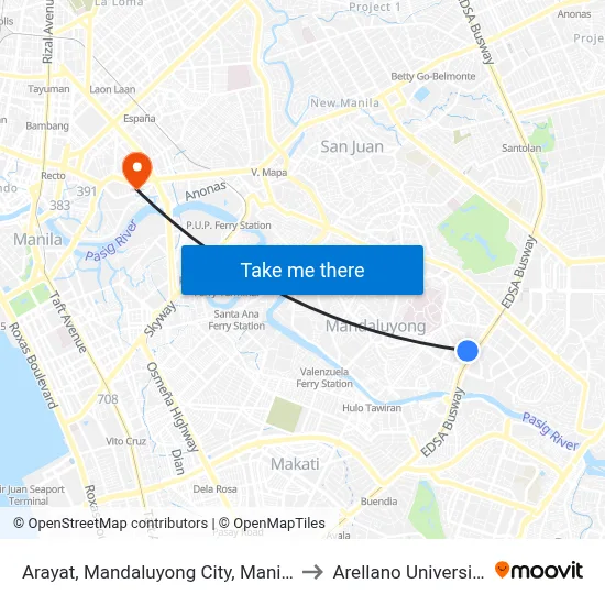 Arayat, Mandaluyong City, Manila to Arellano University map