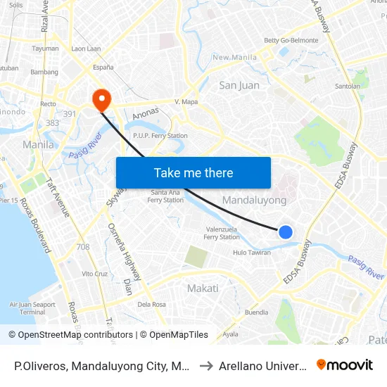 P.Oliveros, Mandaluyong City, Manila to Arellano University map