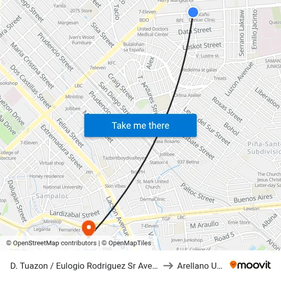 D. Tuazon / Eulogio Rodriguez Sr Ave Intersection, Manila to Arellano University map
