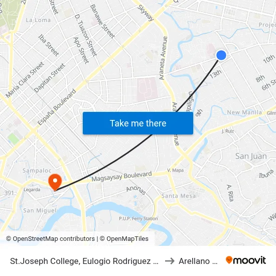 St.Joseph College, Eulogio Rodriguez Sr. Ave, Quezon City, Manila to Arellano University map