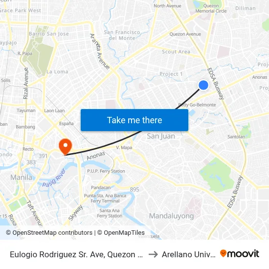 Eulogio Rodriguez Sr. Ave, Quezon City, Manila to Arellano University map