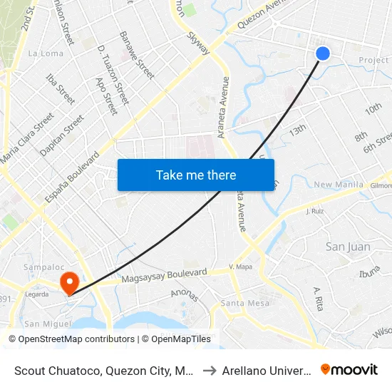 Scout Chuatoco, Quezon City, Manila to Arellano University map