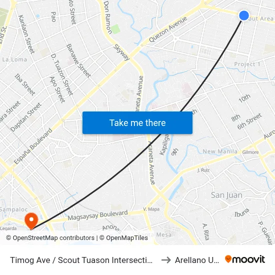 Timog Ave / Scout Tuason Intersection, Quezon City, Manila to Arellano University map