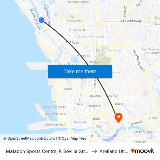 Malabon Sports Centre, F. Sevilla Street, Malabon City to Arellano University map