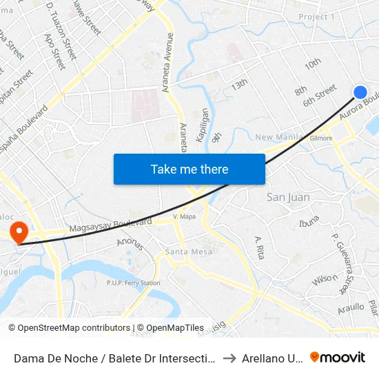 Dama De Noche / Balete Dr  Intersection, Quezon City, Manila to Arellano University map