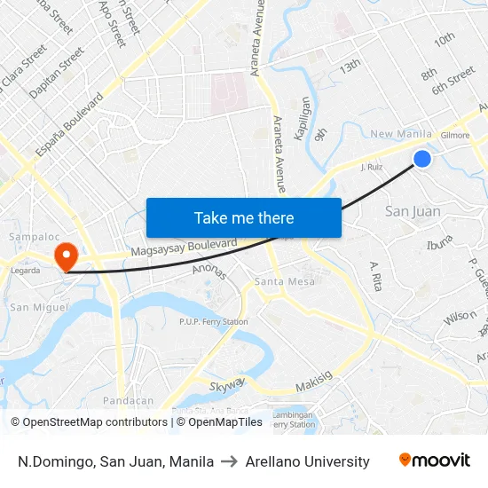 N.Domingo, San Juan, Manila to Arellano University map