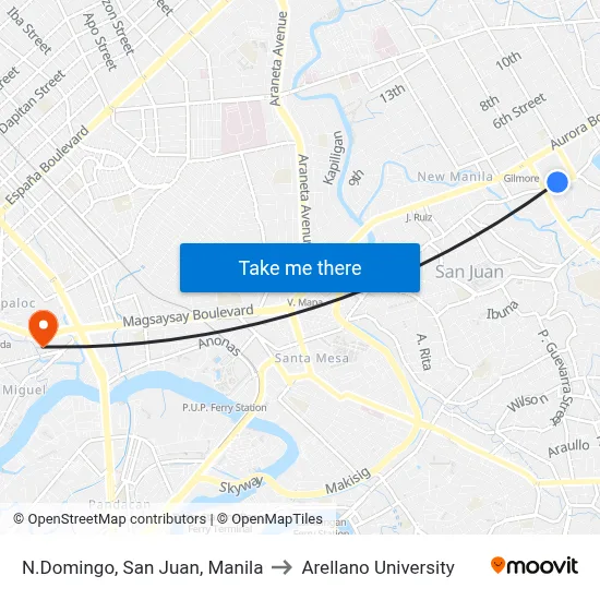 N.Domingo, San Juan, Manila to Arellano University map