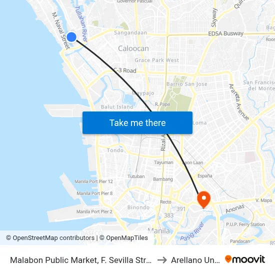 Malabon Public Market, F. Sevilla Street, Malabon City to Arellano University map