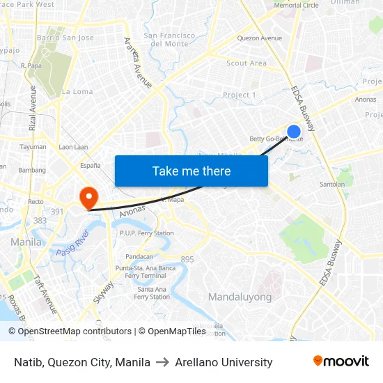 Natib, Quezon City, Manila to Arellano University map