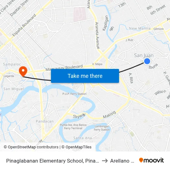 Pinaglabanan Elementary School, Pinaglabanan, San Juan, Manila to Arellano University map