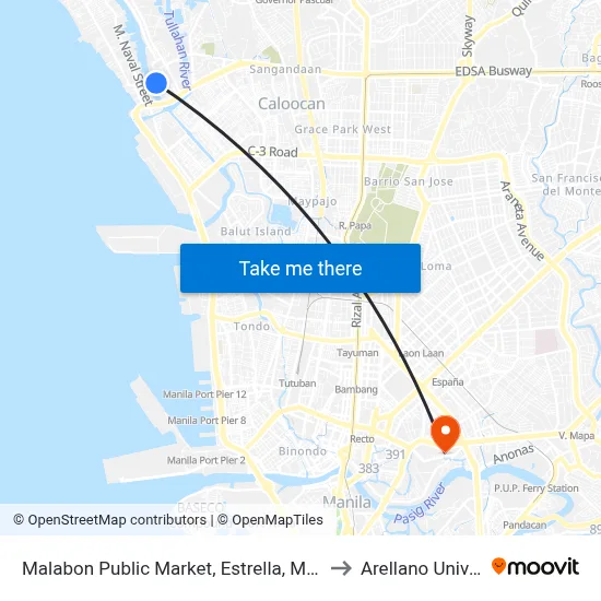 Malabon Public Market, Estrella, Malabon City to Arellano University map