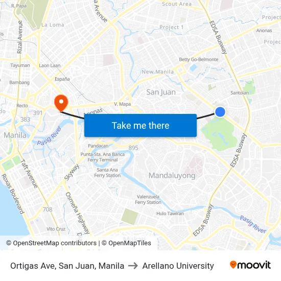 Ortigas Ave, San Juan, Manila to Arellano University map
