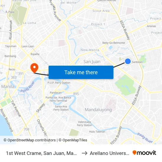 1st West Crame, San Juan, Manila to Arellano University map
