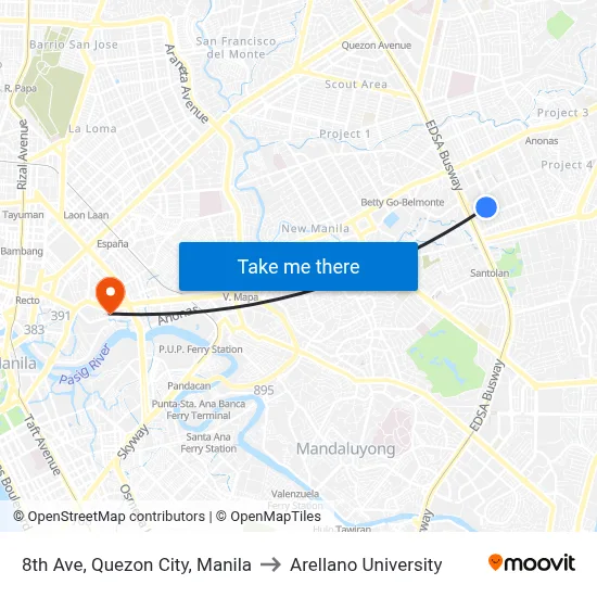 8th Ave, Quezon City, Manila to Arellano University map