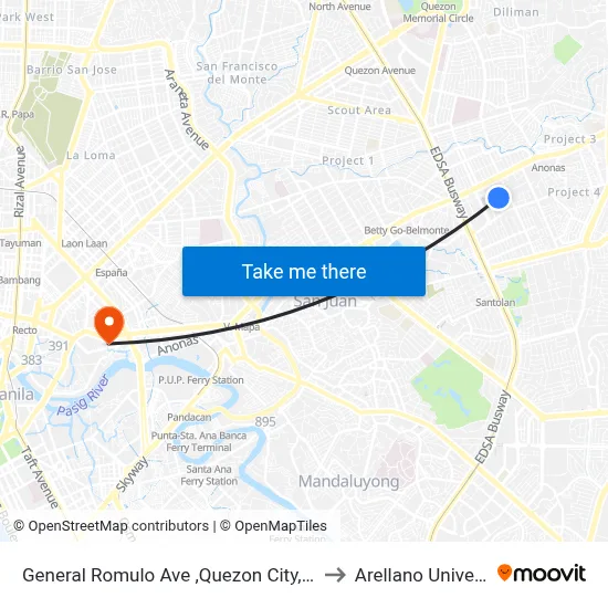 General Romulo Ave ,Quezon City, Manila to Arellano University map