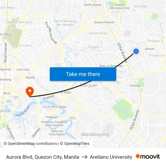 Aurora Blvd, Quezon City, Manila to Arellano University map