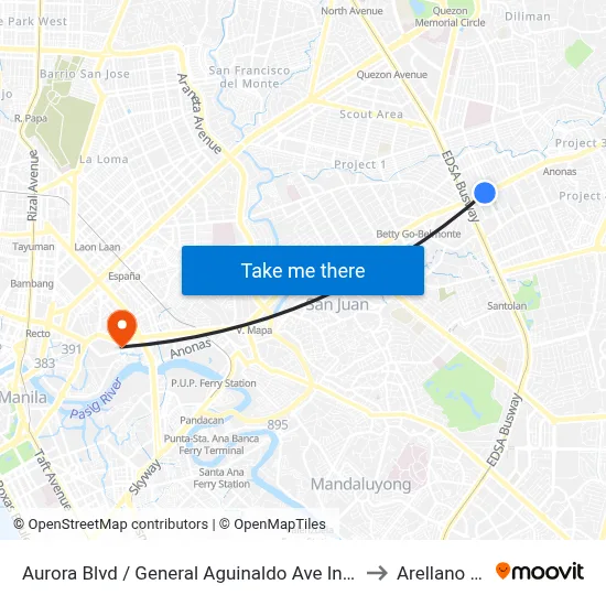 Aurora Blvd / General Aguinaldo Ave Intersection, Quezon City, Manila to Arellano University map