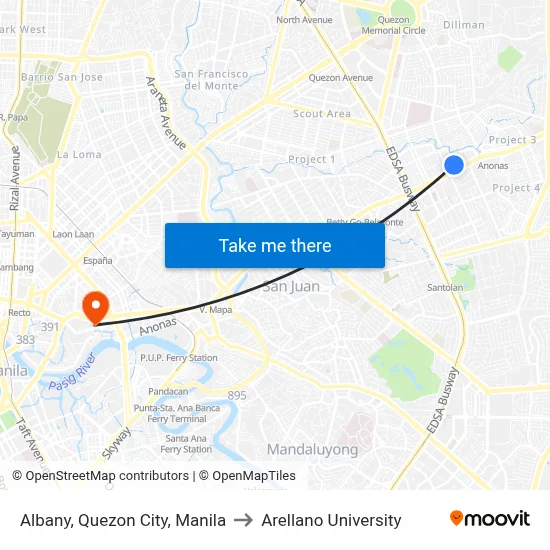 Albany, Quezon City, Manila to Arellano University map