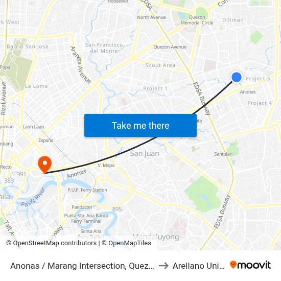 Anonas / Marang Intersection, Quezon City, Manila to Arellano University map