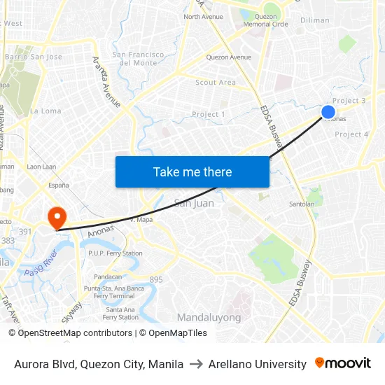 Aurora Blvd, Quezon City, Manila to Arellano University map